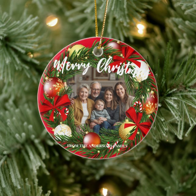 Merry Christmas Wreath Photo Personalized Family N Ceramic Tree Decoration (Tree)