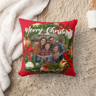Merry Christmas Wreath Photo Personalized Family N Cushion