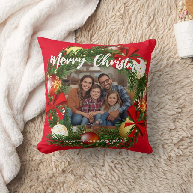 Merry Christmas Wreath Photo Personalized Family N Cushion (Blanket)