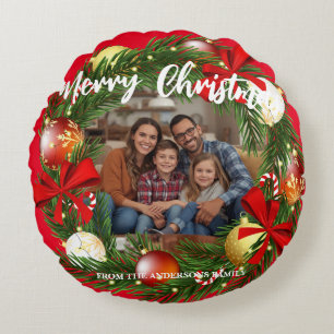 Merry Christmas Wreath Photo Personalized Family N Round Cushion