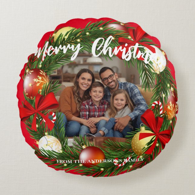 Merry Christmas Wreath Photo Personalized Family N Round Cushion (Front)