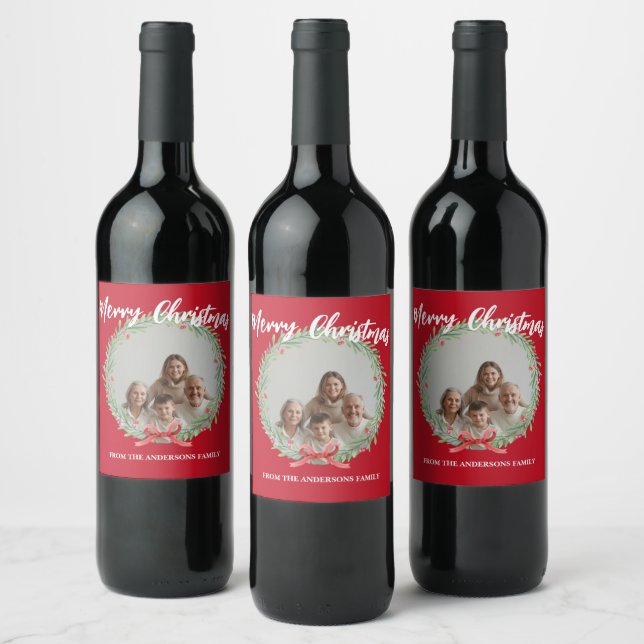 Merry Christmas Wreath Photo Personalized Family N Wine Label (Bottles)