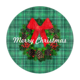 Merry Christmas Wreath Plaid Retro Holiday Round Cutting Board