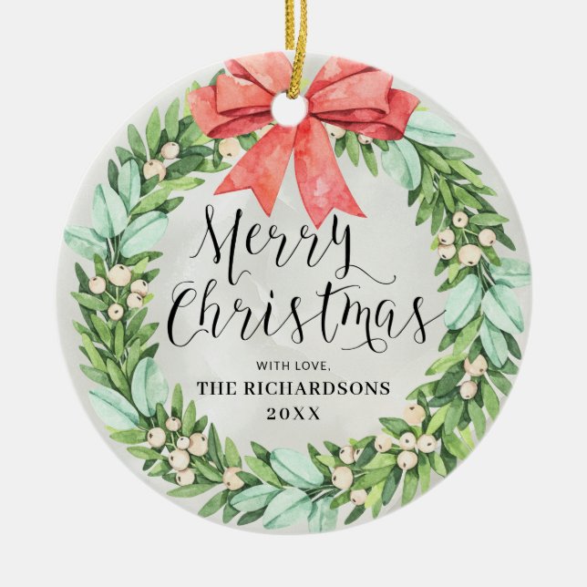 Merry Christmas Wreath Red Bow Family Name Elegant Ceramic Tree Decoration (Front)