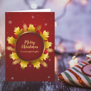 Merry Christmas Wreath Red Gold Circle Thank You Card