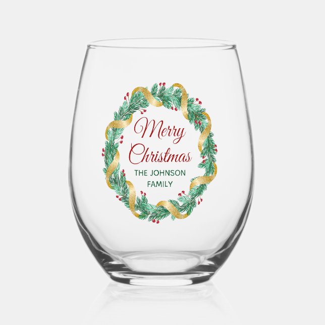 Merry Christmas Wreath Red Green Custom Stemless Wine Glass (Front)