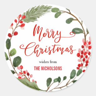 Merry Christmas Wreath Red Script Wreath Classic Round Sticker