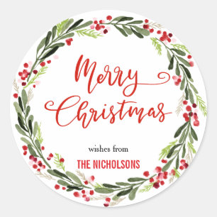 Merry Christmas Wreath Red Script Wreath Classic Round Sticker