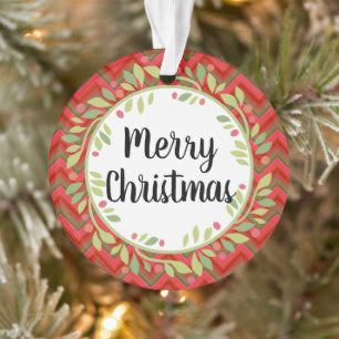 Merry Christmas Wreath Retro Red Classic Round Ornament