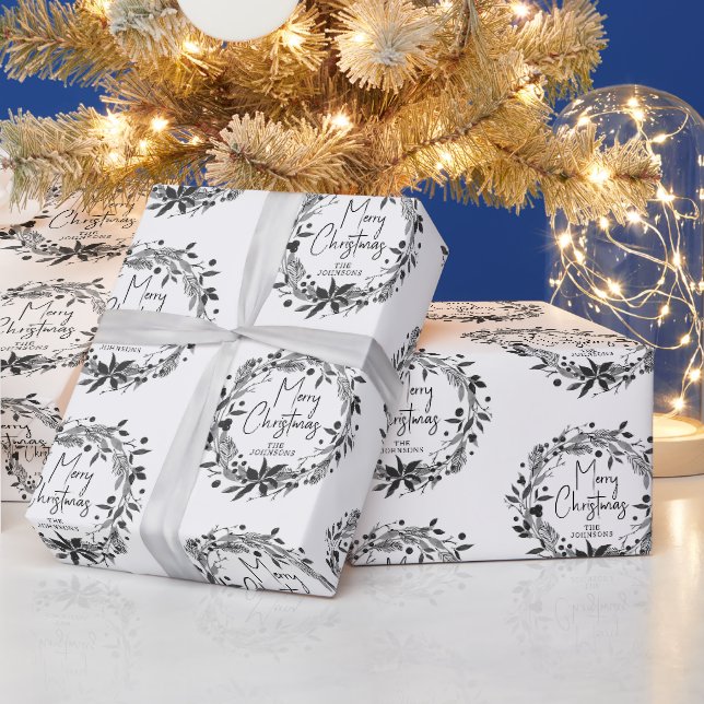 Merry Christmas Wreath Script Custom Family Name Wrapping Paper (Holidays)