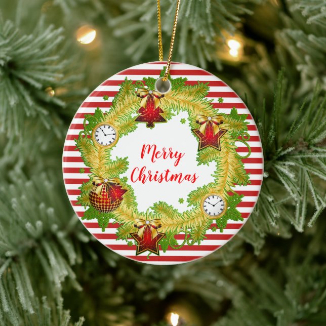 Merry Christmas Wreath & Stripes Ceramic Tree Decoration (Tree)