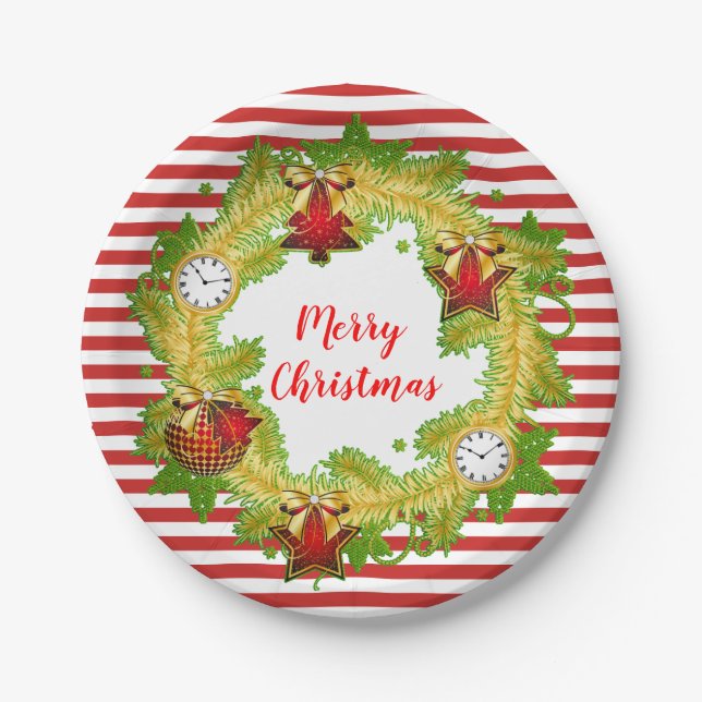 Merry Christmas Wreath & Stripes Paper Plate (Front)