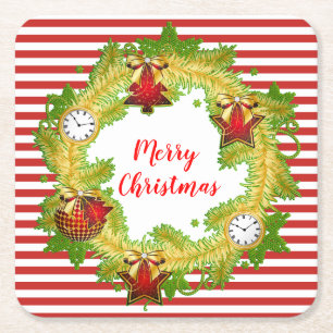 Merry Christmas Wreath & Stripes Square Paper Coaster