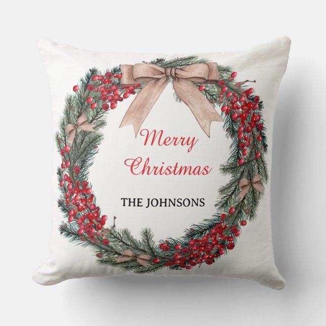 Merry Christmas Wreath Throw Pillow  (Front)