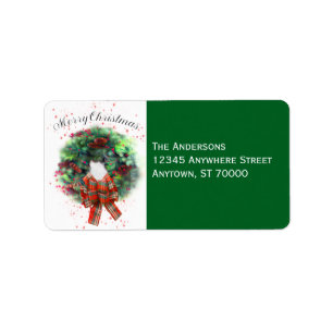 Merry Christmas Wreath Watercolor Art On Green Label