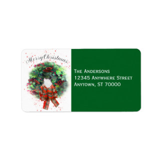 Merry Christmas Wreath Watercolor Art On Green Label