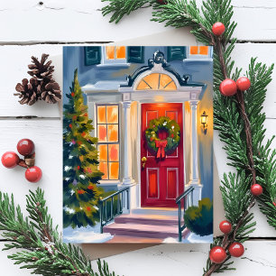 Merry Christmas Wreath Watercolor Red Holiday Postcard