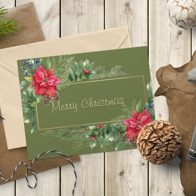 Merry Christmas Wreath Winter Red Flower Pine Tree Holiday Card (Creator Uploaded)