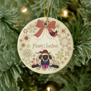 Merry Christmas Wreath with Cute Sheep and Bird Ceramic Tree Decoration