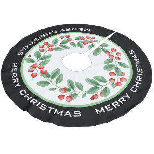 MERRY CHRISTMAS Wreath with Red Berries Brushed Polyester Tree Skirt
