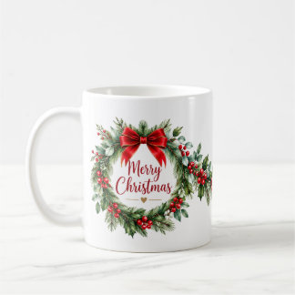 Merry Christmas Wreath with Red Bow Classic Coffee Mug