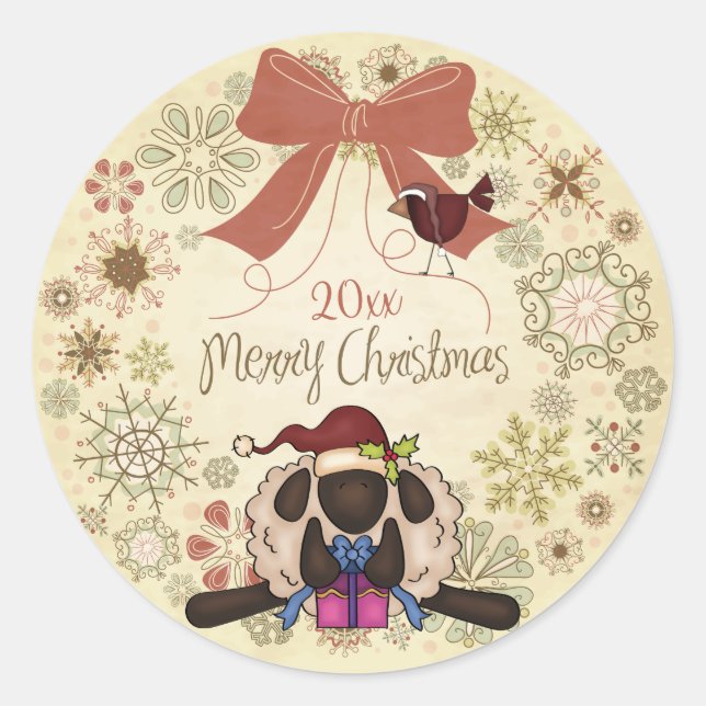 Merry Christmas Wreath with Santa Sheep and Bird Classic Round Sticker (Front)