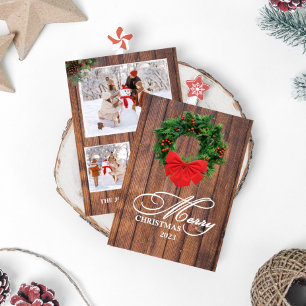 Merry Christmas Wreath Wood Photocard Invitation
