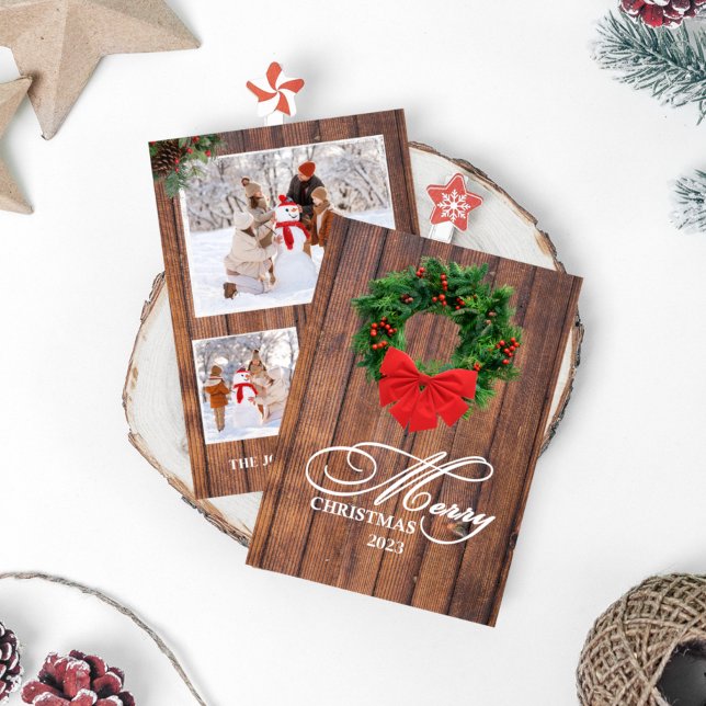 Merry Christmas Wreath Wood Photocard Invitation (Creator Uploaded)
