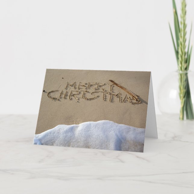 Merry Christmas written on the beach Holiday Card (Front)