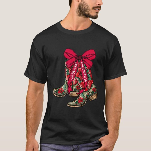 Merry Christmas Xmas Cowboy Boots Coquette Bow Paj T-Shirt (Front)