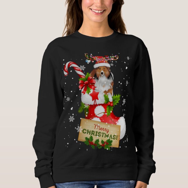 Merry Christmas Xmas Lights Santa Reindeer Sheltie Sweatshirt (Front)