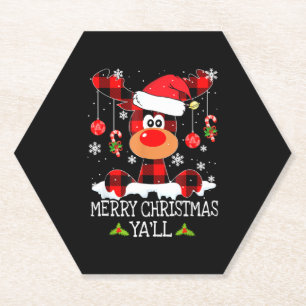Merry Christmas Ya ll Buffalo Red Plaid Reindeer S Paper Coaster