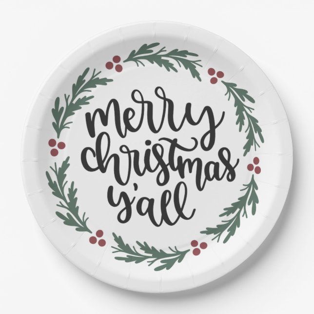 Merry Christmas Y'all Christmas Paper Plate (Front)