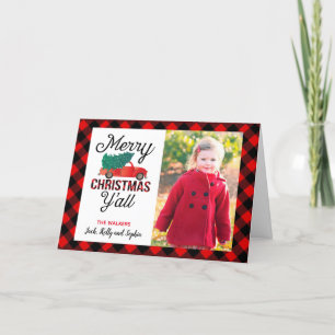 Merry Christmas Y'all Christmas Tree Truck Plaid Holiday Card