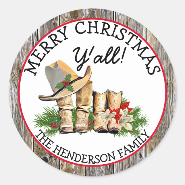 Merry Christmas Y'all Country and Western Rustic Classic Round Sticker (Front)