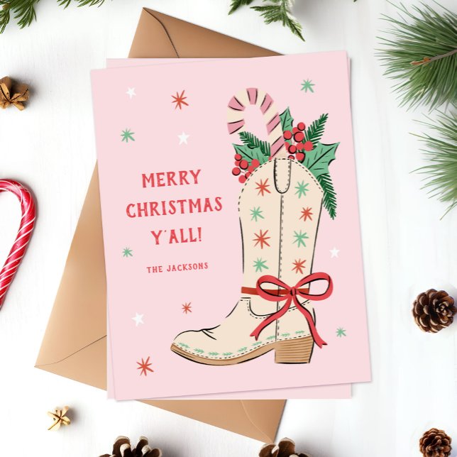 Merry Christmas Y'all Country Cowboy Boot  Holiday Card ("merry Christmas y'all" country-themed holiday card with hand-drawn cowboy boot)