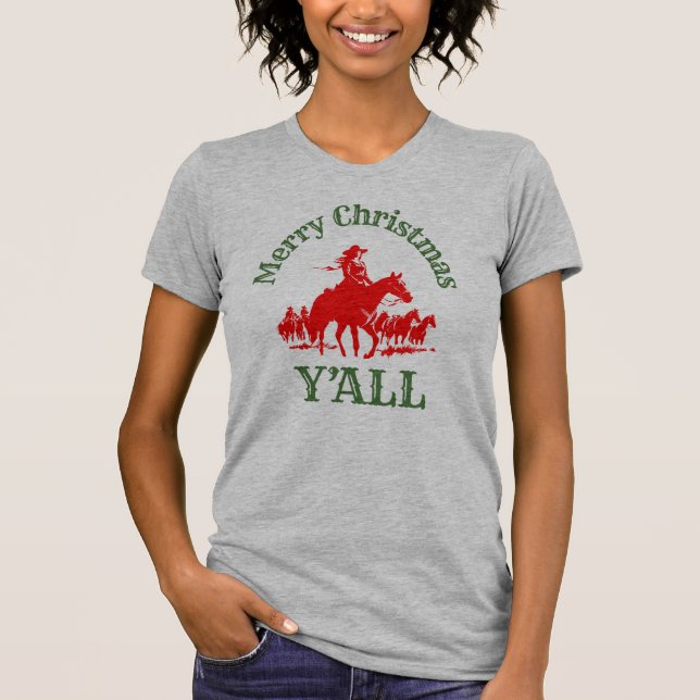 Merry Christmas Y'all Cowgirl Western Style T-Shirt (Front)