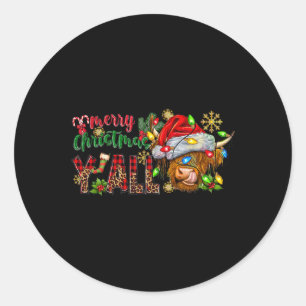 Merry Christmas Y'all Cute Highland Cow Christmas Classic Round Sticker