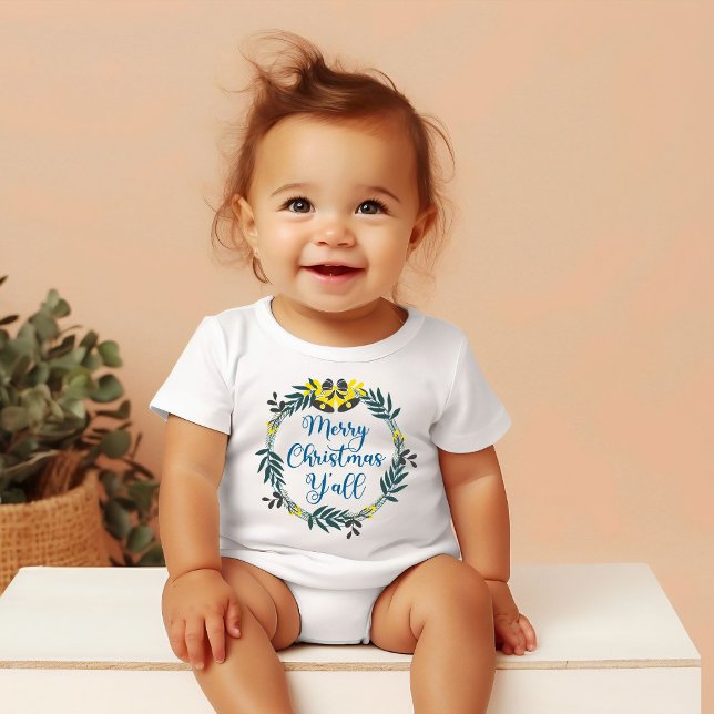 Merry Christmas Y'all Green and Yellow Wreath Baby T-Shirt (Creator Uploaded)