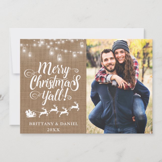 Merry Christmas Y'all Lights Burlap Couple Photo Holiday Card (Front)