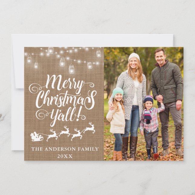 Merry Christmas Y'all Lights Burlap Family Photo Holiday Card (Front)