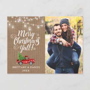 Merry Christmas Y'all Lights Burlap Truck Photo Postcard