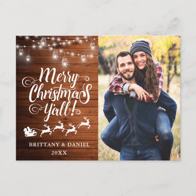 Merry Christmas Y'all Lights Wood Couple Photo Postcard (Front)
