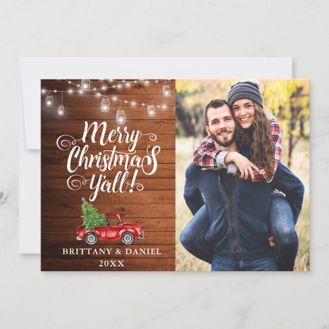Merry Christmas Y'all Lights Wood Truck Photo Holiday Card (Front)