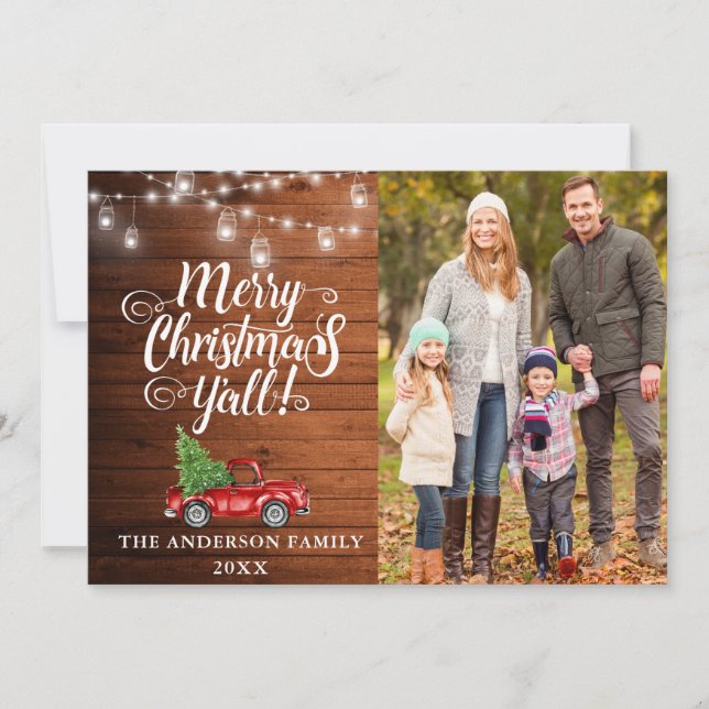 Merry Christmas Y'all Photo Lights Wood Truck Holiday Card (Front)