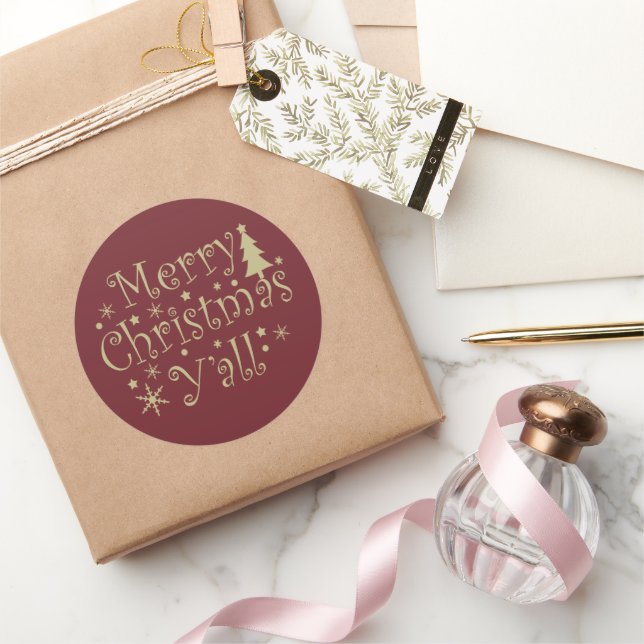 Merry Christmas yall pine tree decorated Classic Round Sticker (Gifting)