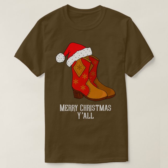 Merry Christmas Yall Red Western Cowboy Boots  T-Shirt (Design Front)