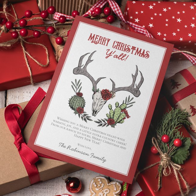 Merry Christmas Y'All Reindeer Skull and Cactus Holiday Card (Country Western Merry Christmas Y'All Xmas Card. Hand-Drawn Reindeer, Antlers, Cactus, Red Roses.)