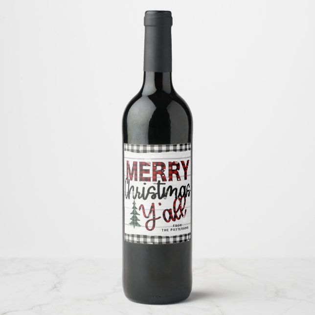 Merry Christmas Y'all Rustic Plaid Trees Holidays Wine Label (Front)