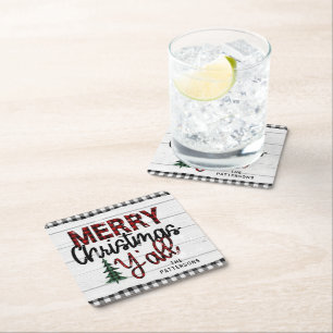 Merry Christmas Y'all Rustic Plaid Trees Name Square Paper Coaster